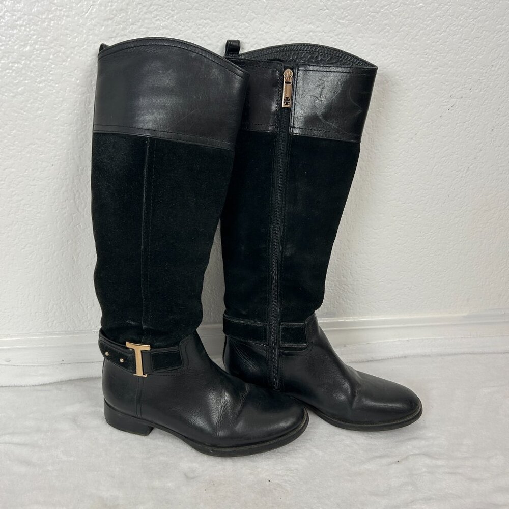TORY BURCH Tenley Black Leather Suede Combo Designer Riding Boots $495